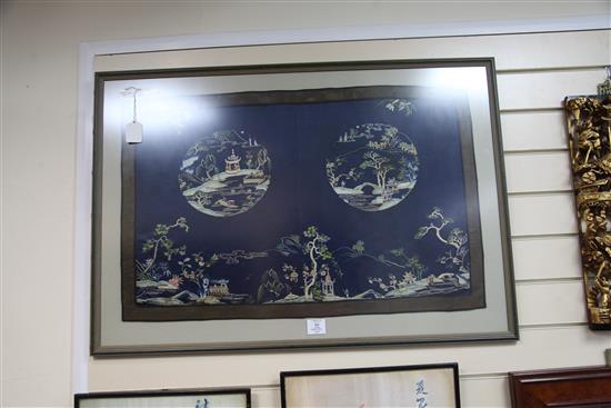 A Chinese embroidered silk panel, late Qing dynasty, 52 x 82cm, framed and glazed